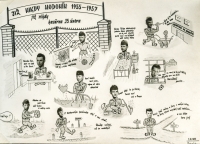 Fotografie vojenského tabla „záklaďáků“ z Hodonína z roku 1957. Josef Prejda takřka uprostřed s verši: „Není bratři není piva, vojna už nám dohořívá“