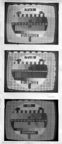 Monoskopy švédské a dánské televize zachycené sovětským přenosným televizorem Šilelis během poslechové expedice československého DX Klubu na Rujáně v Německé demokratické republice, přelom 70. a 80. let