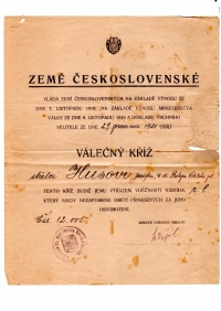 Potvrzení o udělení vyznamenání z roku 1921