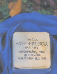 Stolperstein Marie Breitlerové, babičky pamětníka, zasazený v roce 2023 před domem, kde bydlela, v Polní ulici 129 v Trutnově