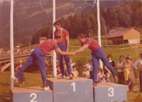 Evropský pohár ve Švýcarsku, 1. místo Karel Třešňák, 2. místo Petr Sodomka a 3. místo Jaroslav Radil, 1976