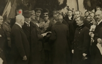 Ladislav Tvarůžek vítá TGM při návratu do vlasti, 1918