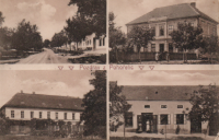 Dobová pohlednice starých Pohořelic, vpravo dole řeznictví Plachých