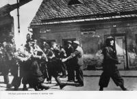 Příchod partyzánů do Zábřeha 8. května 1945, ve předu F. Giesel (mezi partzány i Bořivoj Janhuba)