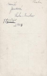 Marie Hrbková (tehdy Jandová), v 11 měsících, 1923 - druhá strana fotografie