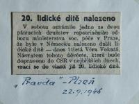 Newspaper cutting informing of the discovery of Věra Vokatá