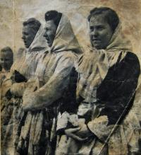 Performance of the Marian congregation during a pilgrimage to St. Antonínek; Marie 2nd from left; her sister Františka 1st from left; the photo was part of an article in the regional newspaper; Blatnice; second half of the 1940s