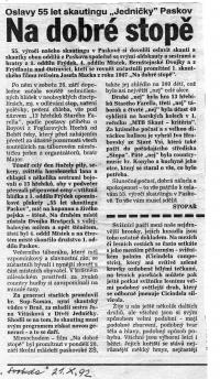 článek pamětníka v Nové Svobodě 21. 10. 1992 Oslava 55 let skautingu v Paskově