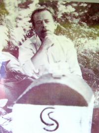 Vaclav Havel at the boundary stone in Rychlebské hory Mountains, where they had smuggled samizdat from Poland