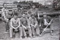Hradílek Tomáš (far left) at the time when he had a job at a sawmill in Lipnik 