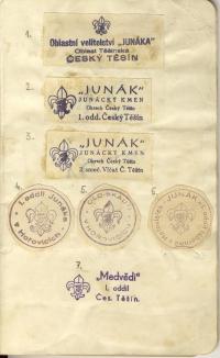 Stamps received when joining Junák in Hořovice and then transferring to the Scout troop in Český Těšín