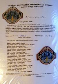 zařazení do Ochránců skautského památníku za svobodu - kamenné mohyly na Ivančeně, 7. 10. 2006, podepsán Stopař - Roman Teichmann