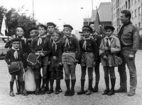 18th Cub Scout pack and their leader Bronislav Malý. Petr Blažka fourth from the left. 1969.