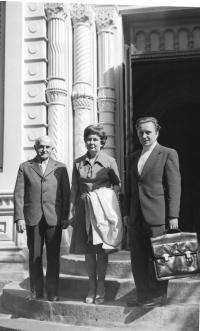 Božena Křivková with her husband in front of the church
