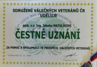 Čestné uznání od Sdružení válečných veteránů