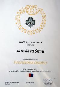 Dekret o přijetí Jaroslava Šímy-Kaa do Svojsíkova oddílu (číslo matriky A-680; 20. června 2006)