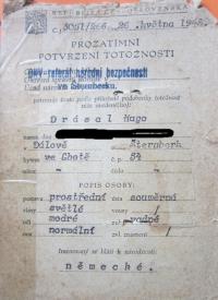 První průkaz totožnosti Hugo Drásala po válce