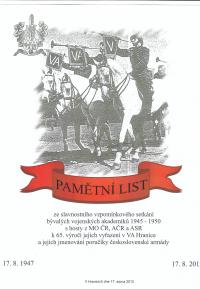 Pamětní list se vzpomínkového setkání vojenských akademiků