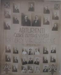 Tablo s prostějovské reálky z roku 1919, kterou navštěvoval otec Antonín Kavan a studenti hned po maturitě narukovali do Rakousko-uherské armády