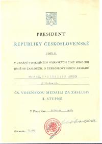Medaile za zásluhy II. stupně udělena prezidentem Benešem