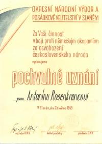 Pochvalné uznání ONV a PV v Slaném za odbojovou činnost