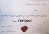 Čestné občanství města Ostravy Aloise Čočka 