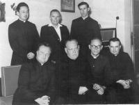Priests in Plzeň, 1961. Left-standing: František Lukas, Alois Primes (without the communist state licence), Pavel Kuneš. Sitting: Karel Šimek, Karel Škvorecký (writer Josef Škvorecký´s uncle), Jan Kozlík, Josef Holešovský 