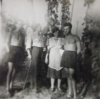 Zprava Jan Sklenář s rodiči Janem a Boženou a bratrem Milanem při dokončování  sklizně chmele v roce 1945