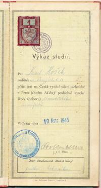 Studijní průkaz Karla Hoška