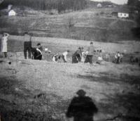 Zahrnování protitankových příkopů u Krhové - Jehličné II., Anna úplně vlevo, 1945