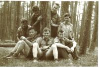 Last trip 1952: Illegal one-week camp (sitting in centre Jiří Pavlica-Jestřáb, left Antonín Uherek+, kneeling Jaromír Škvára-Orko+, behind him standing Rafael Sýkora, right: Vladimír Žižka-Mydlinka, kneeling Miroslav Karmazin-Pin, standing Richter)