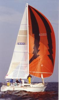 Our racing sailboat, “Pistol Pete”, sailing on Chesapeake Bay, Maryland, USA, 1990