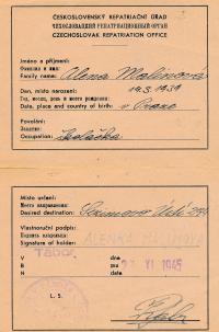Registrační průkaz Aleny Malinové (Voštové)
