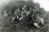 Ivan Kania (the third from the left) with his scout group on Kozí hřbety (1945)