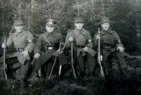 Ordner soldiers (Sudetendeutsches Freikorps, SdFK), Josef's uncles Rudolf Dudek and Josef Dudek are among them, 1938/39, near Jaronín