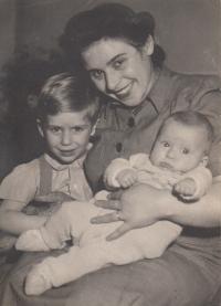 Two months old Jarmila Kročková with her mother Emílie and brother Milan (3,5 years old)