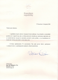 Congratulations from President Klaus for his 70th birthday