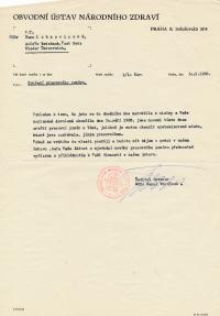 Oznámení o zrušení pracovního poměru Hany Lobkowiczové v důsledku toho, že se s Františkem Lobkowiczem  po invazi Československa vojsky Varšavské smlouvy v srpnu 1968 nejprve nevrátili z dovolené v zahraničí, vydáno 30.9.1968, sken originálu