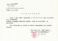 Potvrzení Františka Lobkowicze o výkonu povinné vojenské služby u PTP v době od 20.11.1952 do 28.8.1954, vydané 21.2.1990 za účelem výpočtu důchodu, sken originálu 