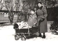 Babička Valerie, synové Pavel a Petr v kočárku, Náchod, 1965