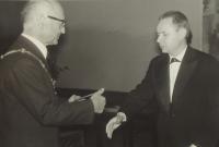 M. Klemens 1967 - receiving his university graduation diploma from the rector of the Academy of Performing Arts in Prague