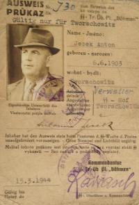1943 Ausweiz průkaz Tvoršovice Anton Ježek