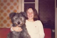 Gabriella Lengyel with her dog and Solidarnosc badge