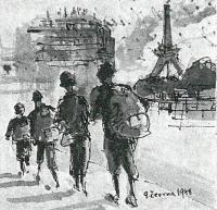 Obraz Jaroslava Drábka zachycující příjezd rodiny do Paříže v květnu 1948 (nakresleno o měsíc později)