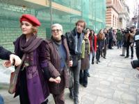 Mária Ludassy with young demonstrators in Szabadság tér, Budapest, 2013
