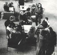 Friends say goodbye to the members of the Halasz Theatre at the airport, 1976