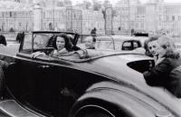 With her husband-to- be (in the back) in a borrowed Masaryk’s car