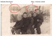 Václav Hušák with his sister Marie, two of her classmates and his sister Běla, winter 1955 