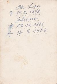 Rodiče Josef a Juliana Šupovi - zadní strana fotky