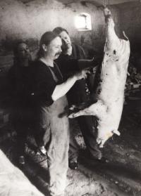 Jaroslav Chnápko during pig-slaughter, 1978